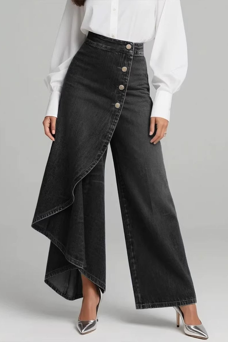 Washed Denim Button Detail Relaxed Long Jeans