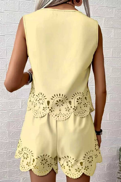 Multi-Color Cutwork Lace Trim Sleeveless Top & Shorts Set