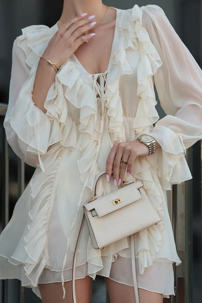 Chiffon Deep V-Neck Tie Front Long Sleeve Tiered Ruffle Mini Dress
