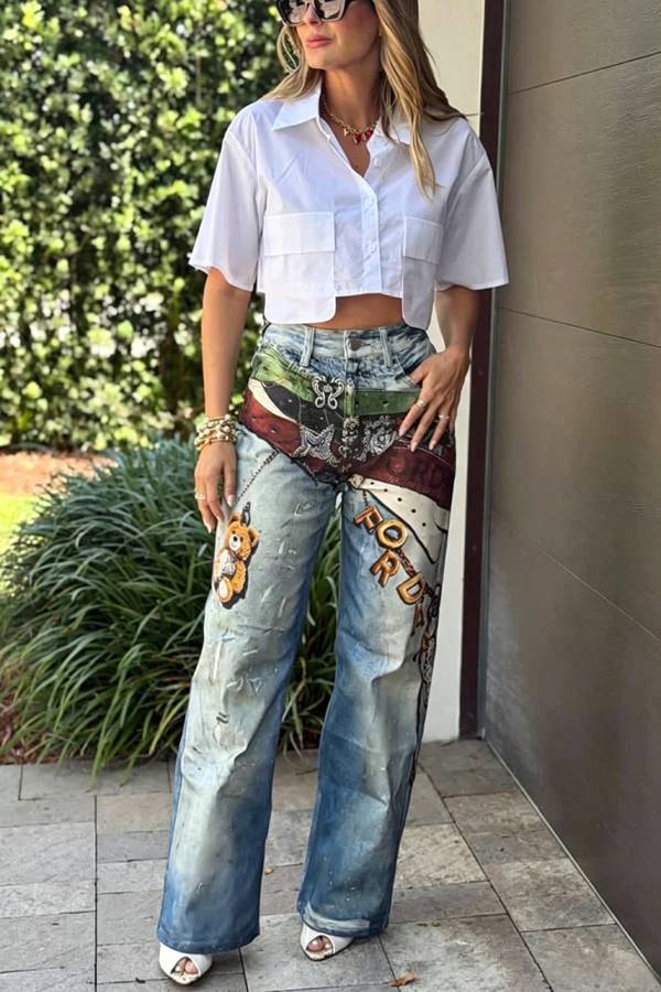 Street Graffiti Denim Unique and Fun Prints High Rise Pocket Straight Leg Jeans