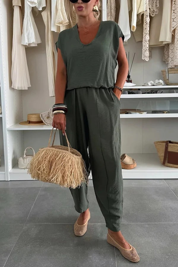 Leva Linen Blend Drawstring Short Sleeve Top and Elastic Waist Pocket Loose Tapered Pants