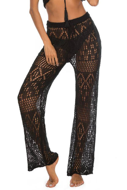 Multi-Color Hollow Crochet Drawstring Waist Wide Leg Beach Pants