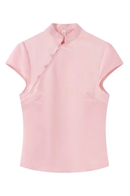 Aurelia Vintage-Inspired Side-Button Mandarin Blouse