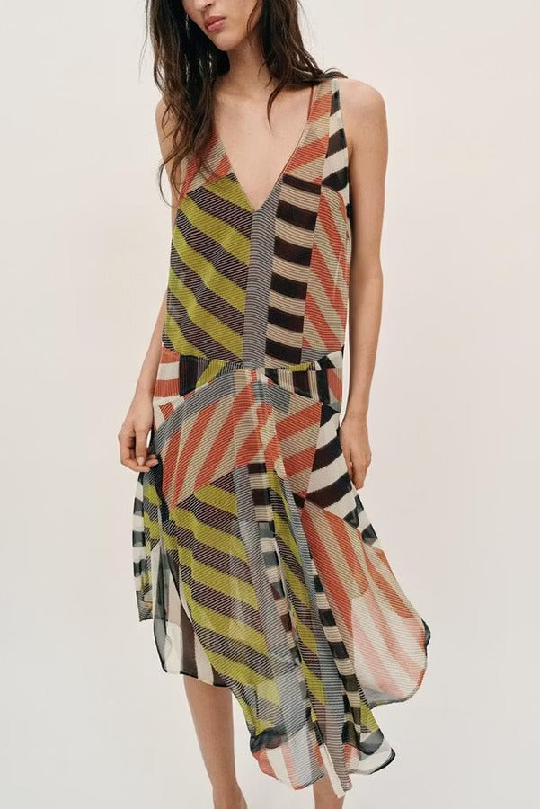 Khloe Patchwork Striped Color Block Print Wide Straps Asymmetric Hem Drape Midi Dress