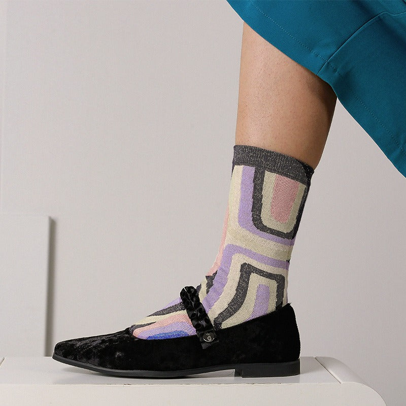 Two Tone Ribbed Cuff Crew Socks