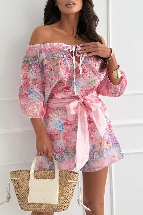 Fiorito Chiffon Floral Print Off Shoulder Top and Elastic Waist Tie-up Loose Shorts Set