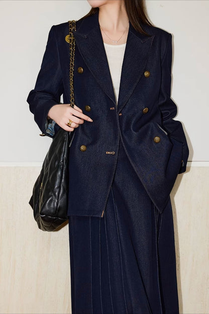Textured Double Breasted Two Piece Blazer Skirt Set