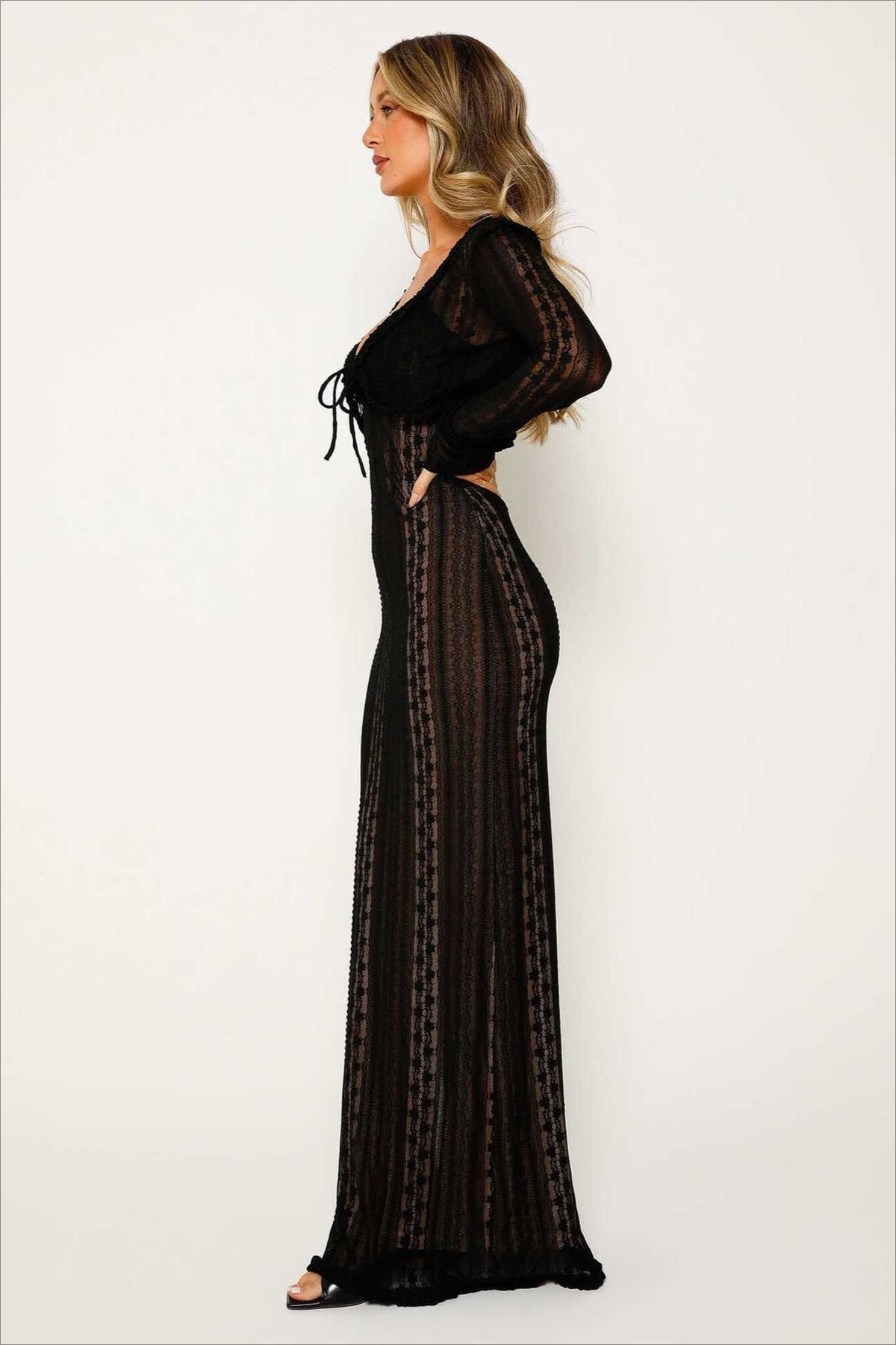 V Neck Long Sleeve Split Lace Dress