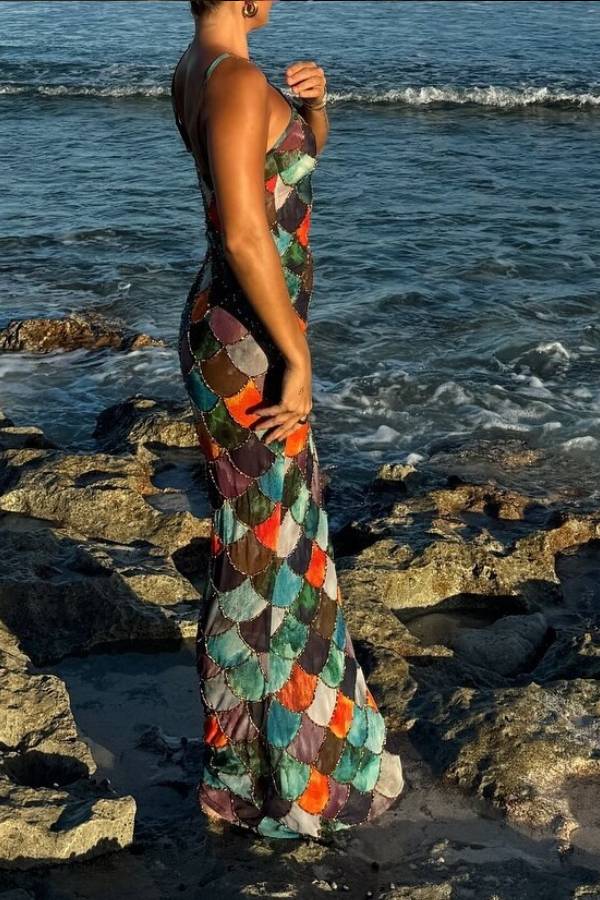 Fish Scale Color-Patchwork Halter Neck Mermaid Maxi Dress