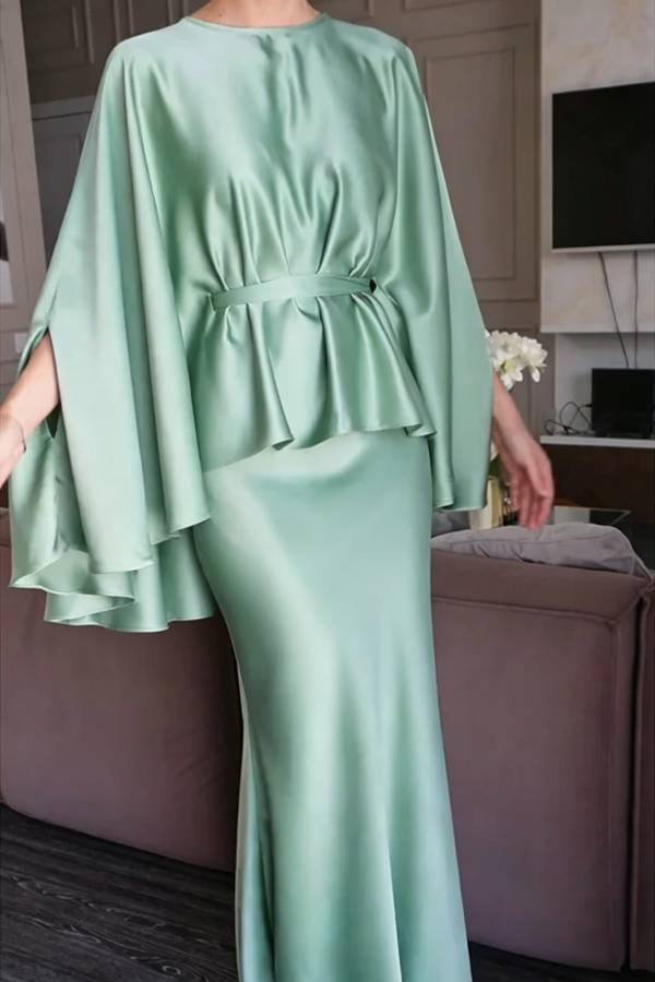 Coralien Satin Tie-up Waist Cape Top and High Rise Drape Flare Maxi Skirt Set