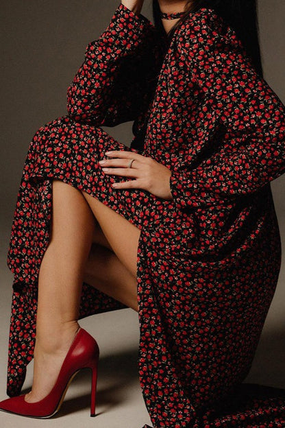 Side Slit Deep V Neck Tie Waist Floral Maxi Dress