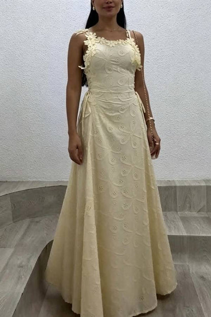 Garden Party Lace Embroidered Cutout Fabric Flower Trim Side Lace-up Maxi Dress