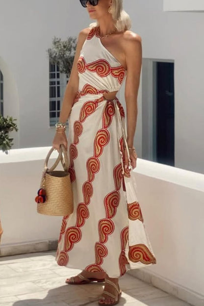 Enjoy A Sunny Linen Blend Shell Print One Shoulder Cutout Waist Tie-up Slit Maxi Dress