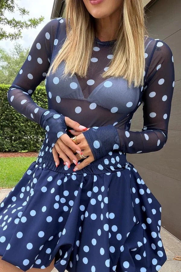 Sequoia Polka Dot Stretch Mesh Long Sleeve Bodysuit and Elastic Waist Puff Mini Skirt Set