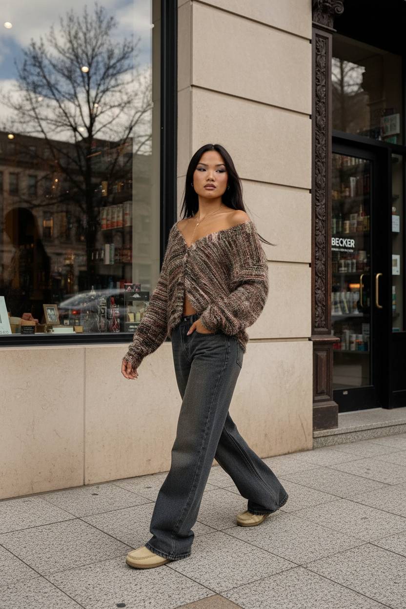 New Retro Fashion Deep V-Neck Maillard Plush Long-Sleeve Knit Cardigan