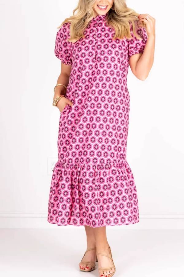 Pink Geometric Print Ruffle Neck Bubble Sleeve Shift Dress