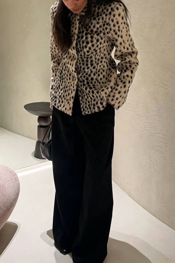 Nasha Faux Fur Leopard Print Button Up Long Sleeve Lapel Jacket
