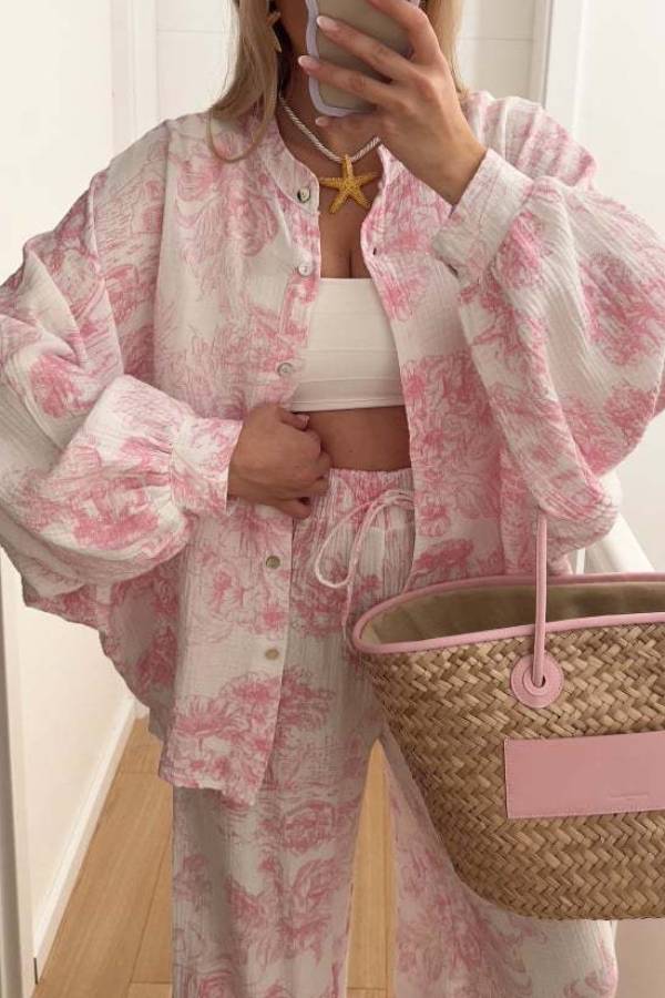 Ink Landscape Print Crinkle Shirt & Wide-Leg Pant Set