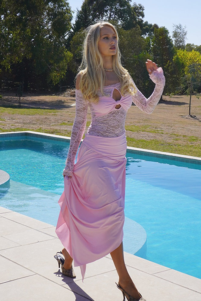 Off-Shoulder Lace High Slit Ruched Maxi Lace Dress