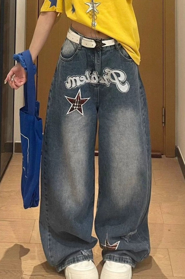 Retro Star Letter Appliqué Barrel Leg Jeans