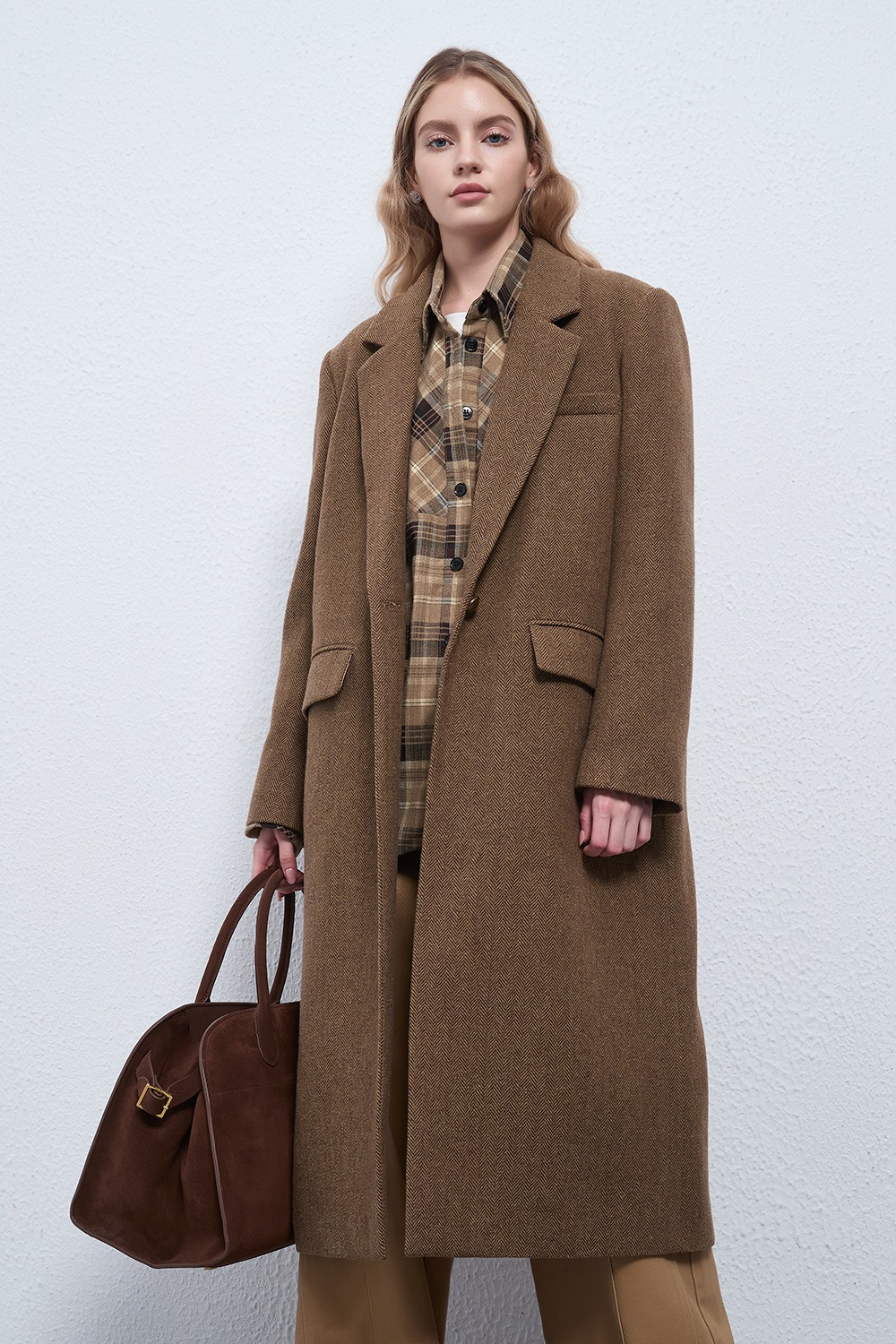 Wool Cashmere Herringbone Mid Long Thick Overcoat
