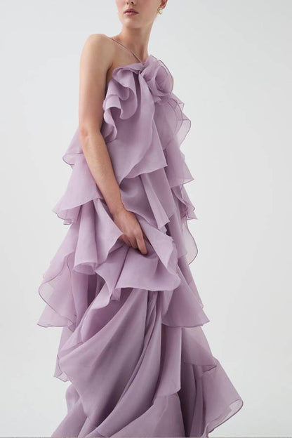 Free - Flowing Rose Detail Tiered Ruffles Halter A-line Maxi Dress