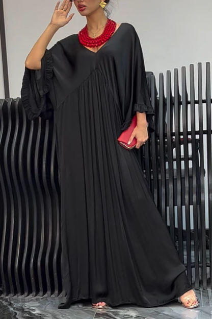 Satin V Neck Ruffle Lantern Sleeve Ruched Flowy Maxi Dress
