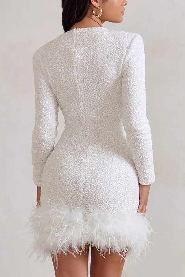 Solid Color Sequin Feather Long Sleeve Round Neck Sequin Dress