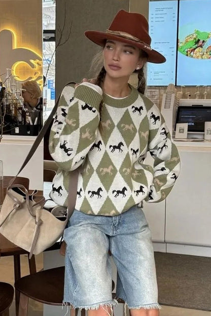 Casual Horse Graphic Pullover Sweater