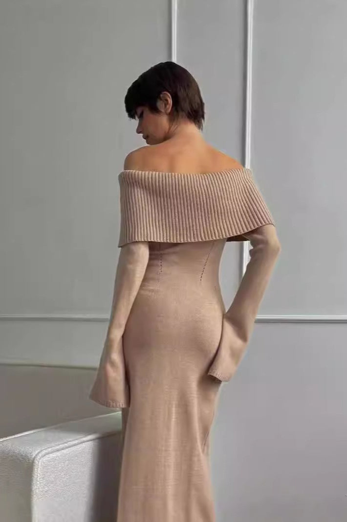 Collared Off-Shoulder Knit Sweater Dress
