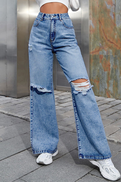 Ripped High Waist Casual Wide Leg Jeans