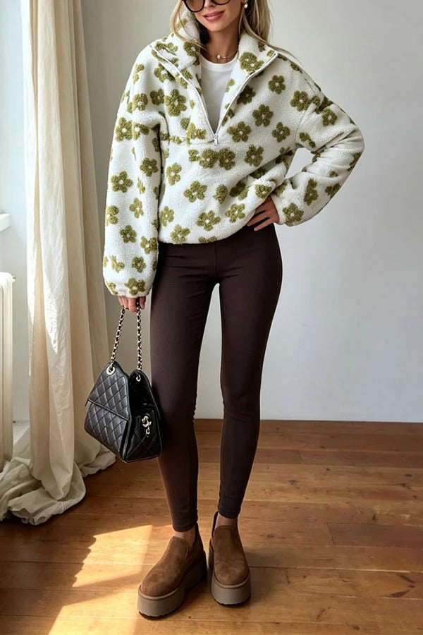 Colorblock Floral Pattern Teddy Bear Fleece Material Long Sleeve Kangaroo Pocket Zipper Sweatshirt