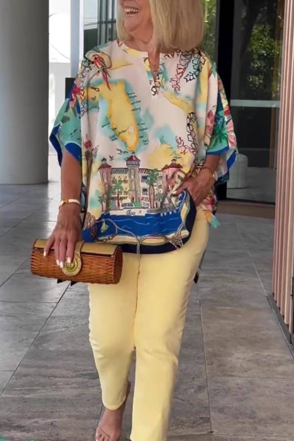 Vacation-Style Printed Batwing Sleeve Top