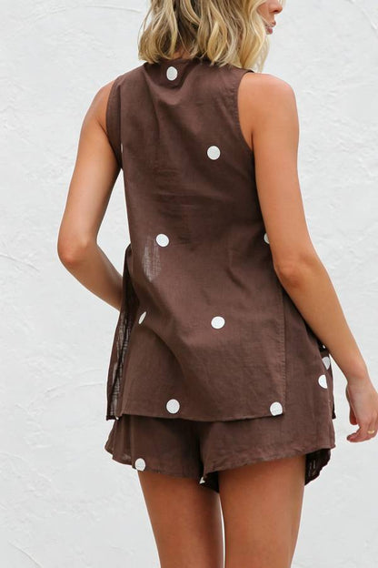 Vacation Polka Dot V-Neck Sleeveless Vest & Drawstring Shorts Set