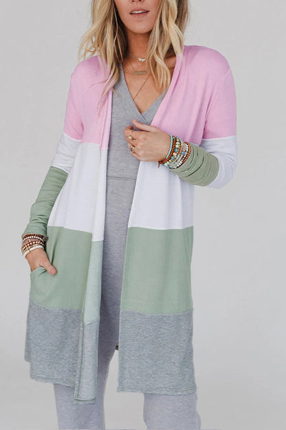 Multicolor Color Block Casual Pocketed Duster Cardigan