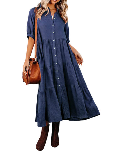 Gauze Button Front Collar Half Sleeve Tiered Pocket Midi Dress