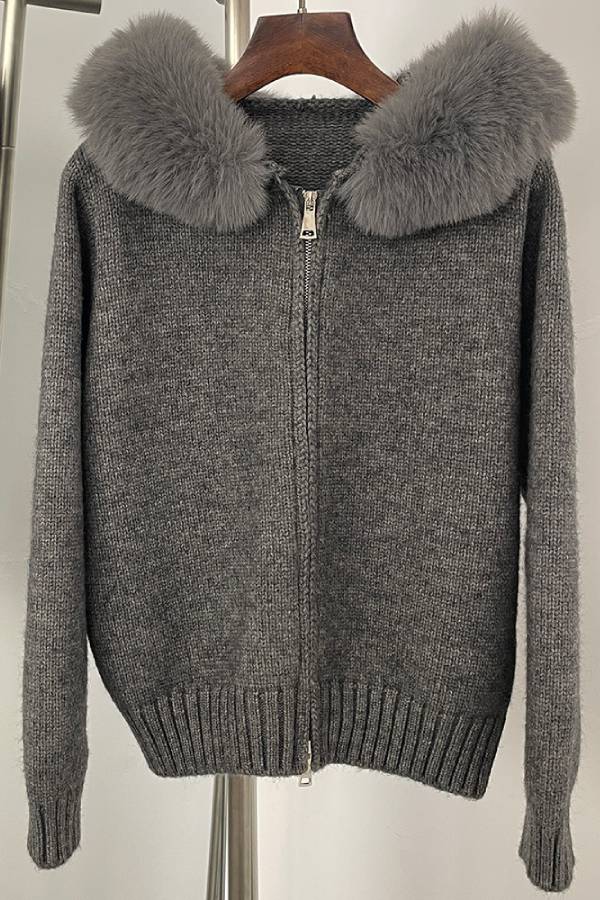 Fur-collar zip-up cardigan
