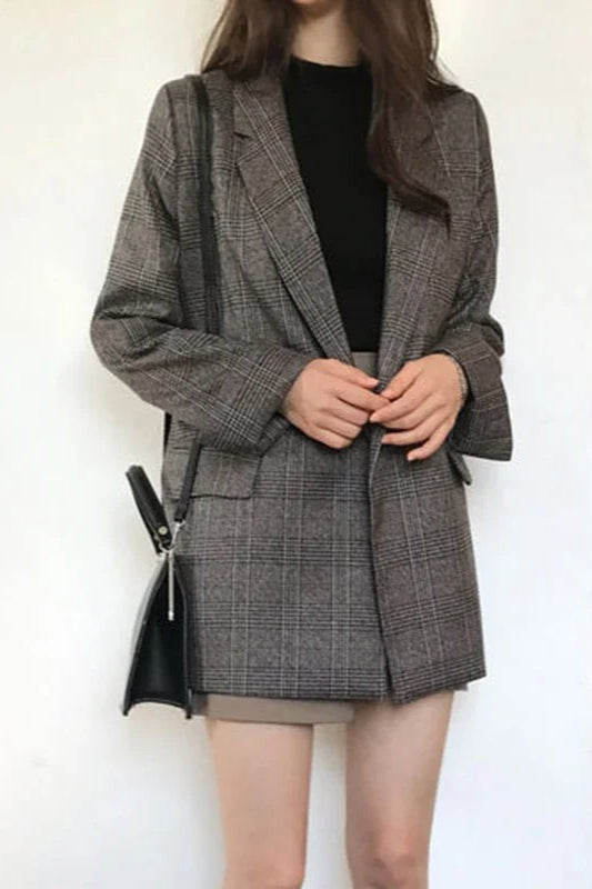 Plaid Double-Breasted Long Blazer