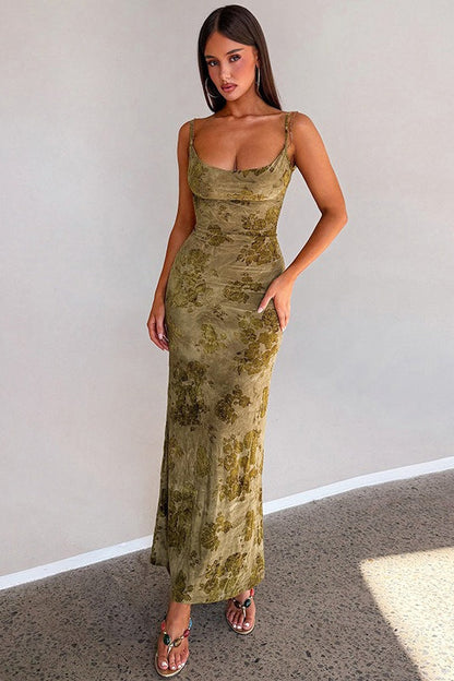 Tie Dye Backless Chain Patchwork Slim Long Floral Dress