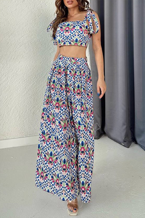 Fashion Print Lace Up Top + Skirt Women's Dress
