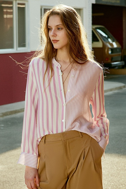Silk Striped Long Sleeve Chic Tailored Blouse