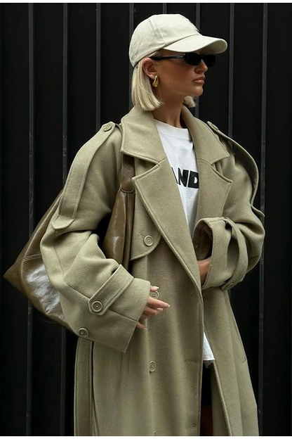 Scarf Accent Woolen Chic Long Overcoat