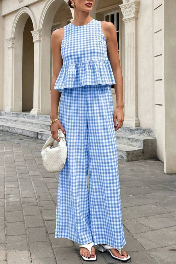 Gingham Sleeveless Ruffle Top & Wide Leg Pants Two Piece Set