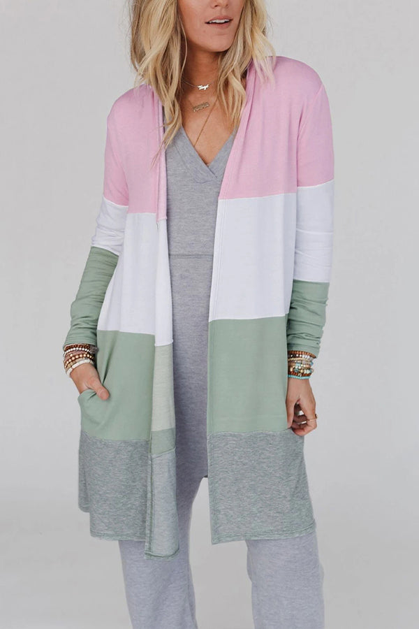 Multicolor Color Block Casual Pocketed Duster Cardigan