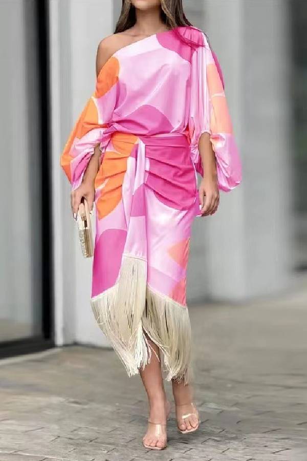 One Shoulder Tassel Satin Two Piece Set