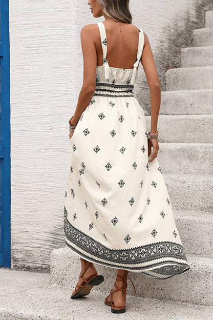 Ethnic Print Sleeveless Cinched Waist Tiered Maxi Dress