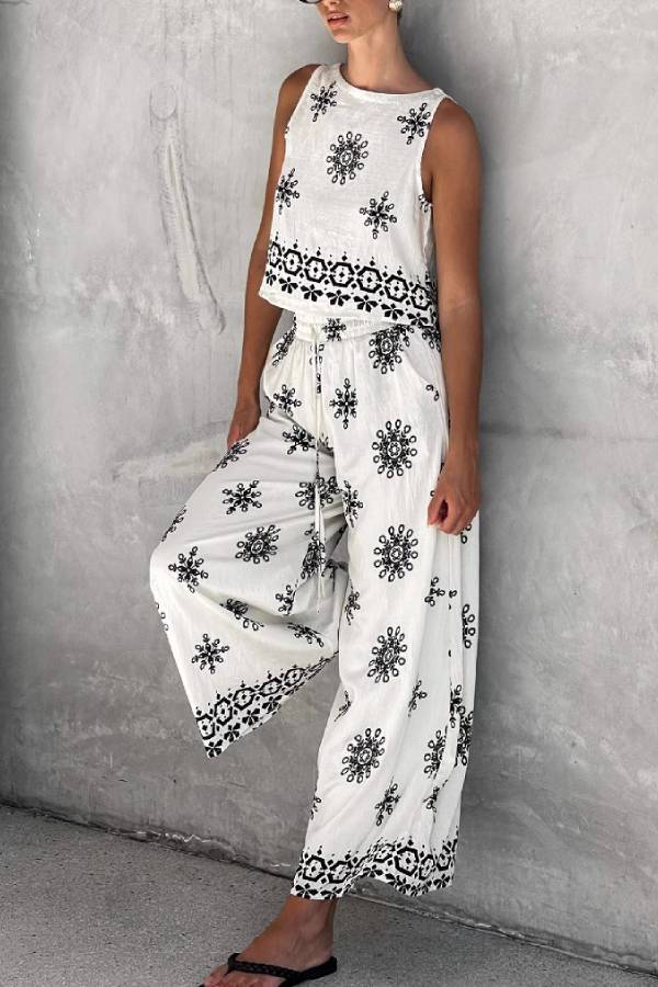 Boho Black & White Printed Sleeveless Top & Wide-Leg Pants Set