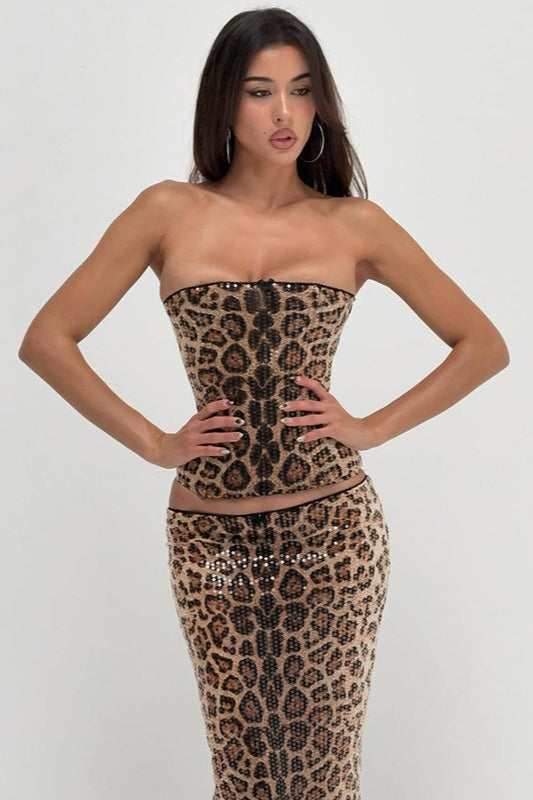 Leopard Print Lace Up Corset Sequin Midi Skirt Set