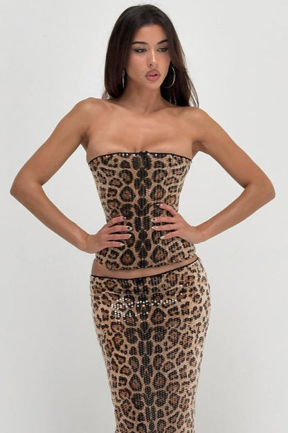 Leopard Print Lace Up Corset Sequin Midi Skirt Set