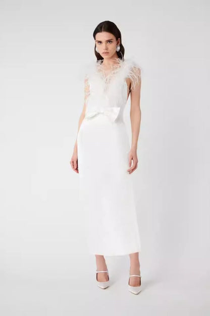 Ostrich Feather Trim Gown Prom Dress
